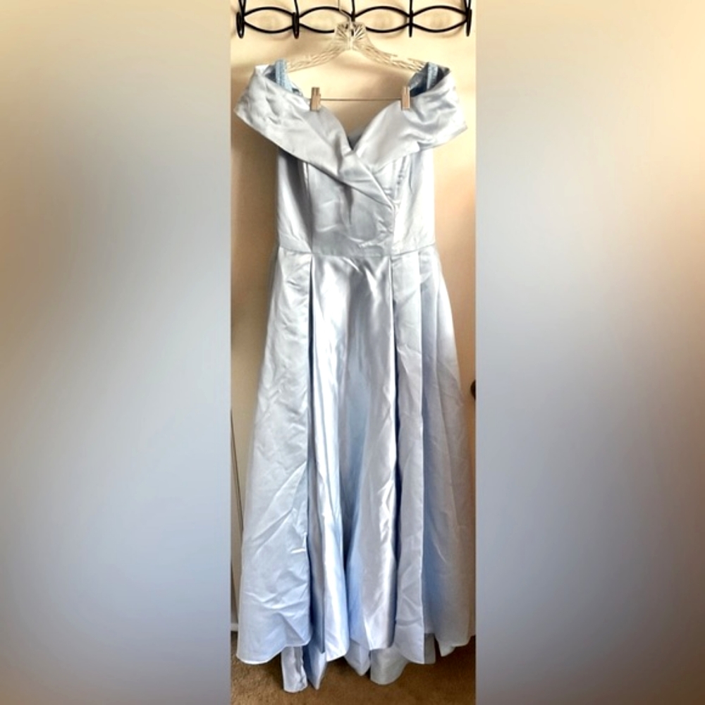 Off-Shoulder Floor-Length Satin Ball Gown, Formal Evening, Light Blue, Size 14 - Picture 2 of 3